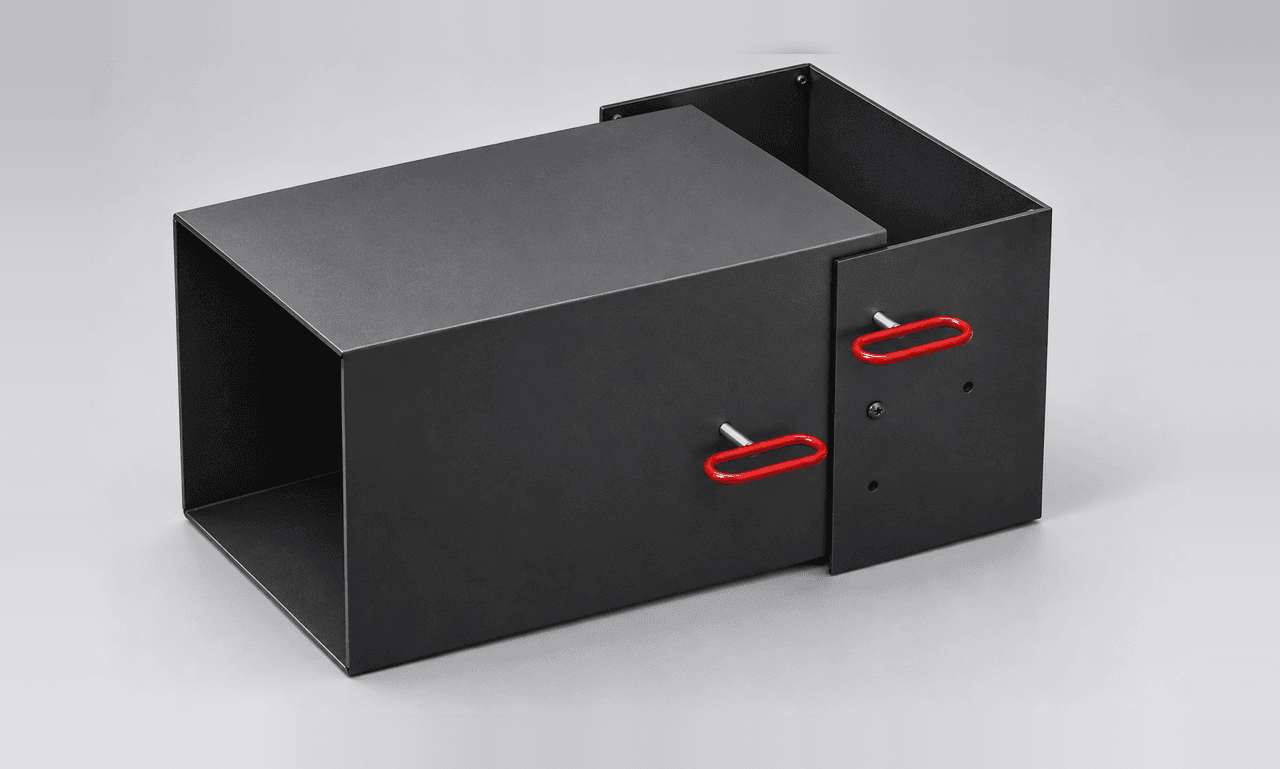 Sliding Drawer Enclosure with Red Latch Pins